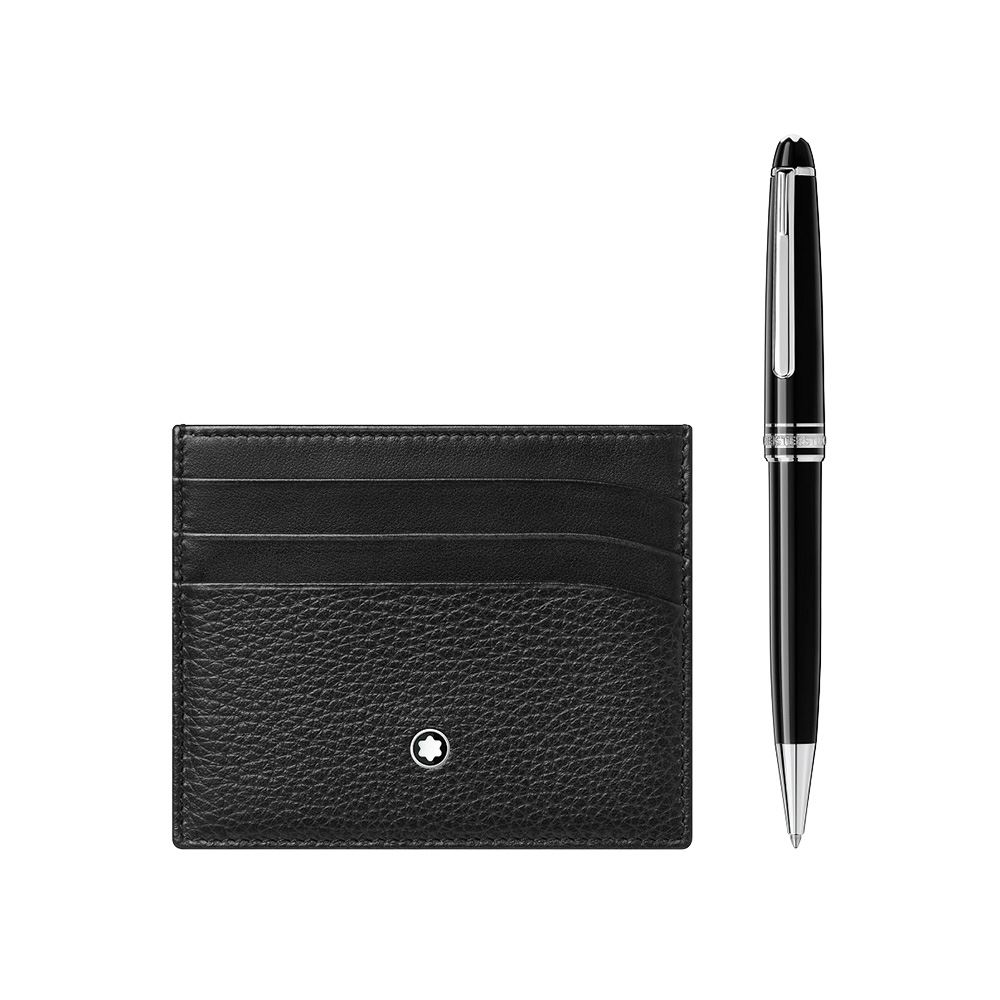 Montblanc 大班系列鉑金塗層經典圓珠筆+軟粒紋 6卡卡夾禮盒組