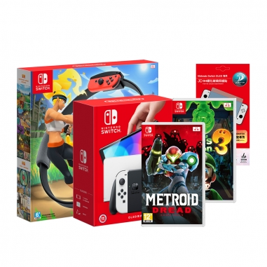 Nintendo任天堂 NS OLED主機雙白手把+《健身環大冒險》+《路易吉洋樓》+《密特羅德生存恐懼》(含保護貼)