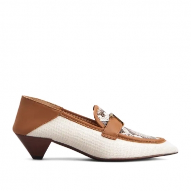 TOD'STOD'S 皮革拼帆布樂福高跟尖頭鞋