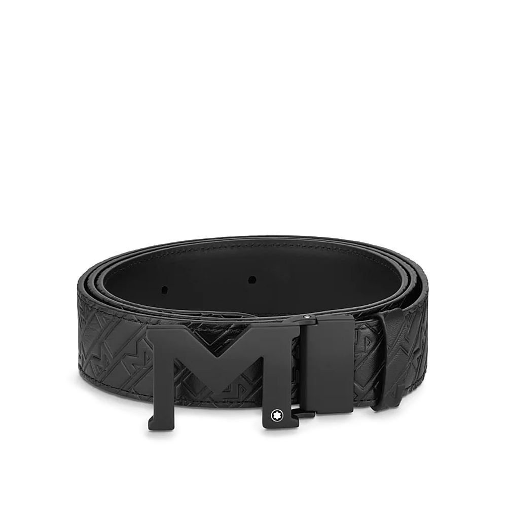 Montblanc 萬寶龍壓印M印花/滑面35MM雙面黑色皮帶