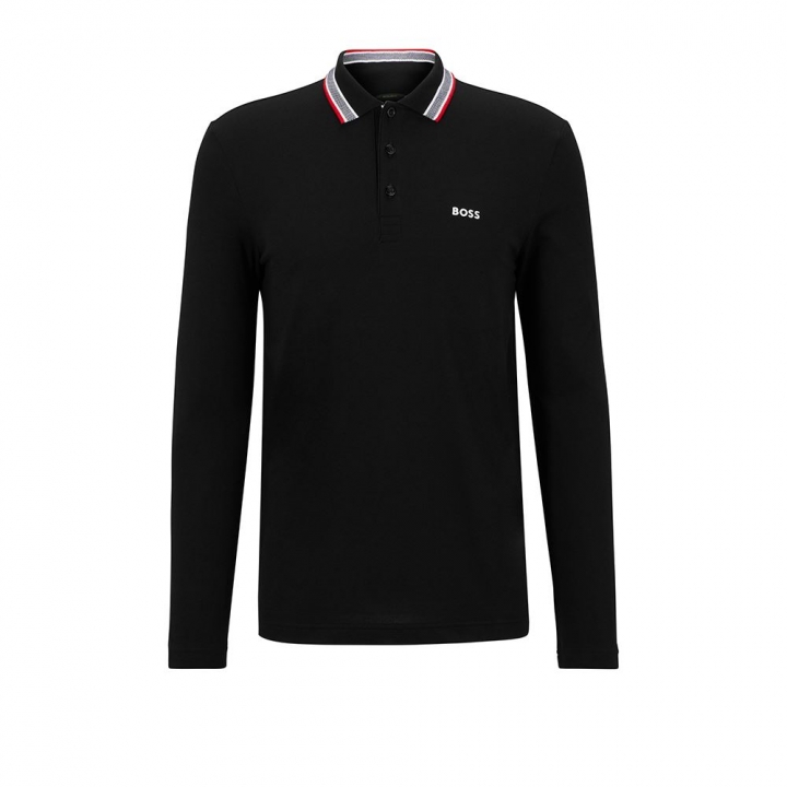 BOSS COTTON-PIQU? POLO SHIRT WITH COLLAR DETAILINGBOSS 領口LOGO條紋 長袖POLO衫