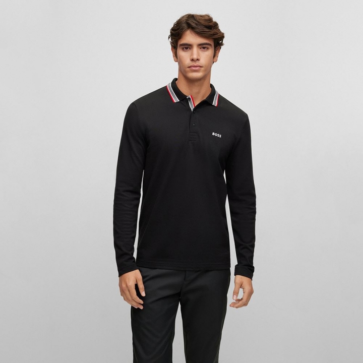 BOSS COTTON-PIQU? POLO SHIRT WITH COLLAR DETAILINGBOSS 領口LOGO條紋 長袖POLO衫