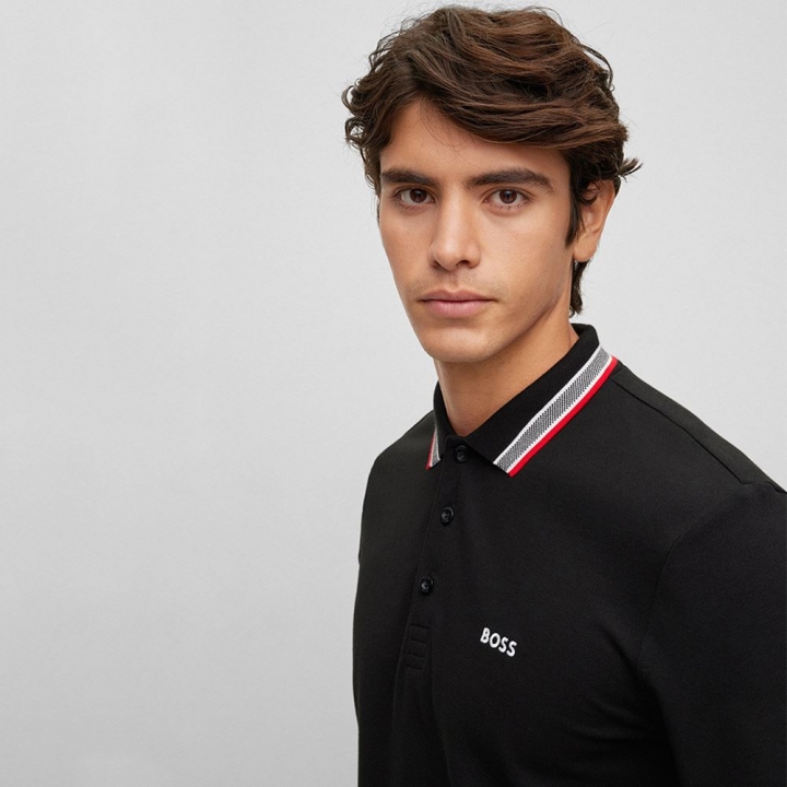 BOSS COTTON-PIQU? POLO SHIRT WITH COLLAR DETAILINGBOSS 領口LOGO條紋 長袖POLO衫