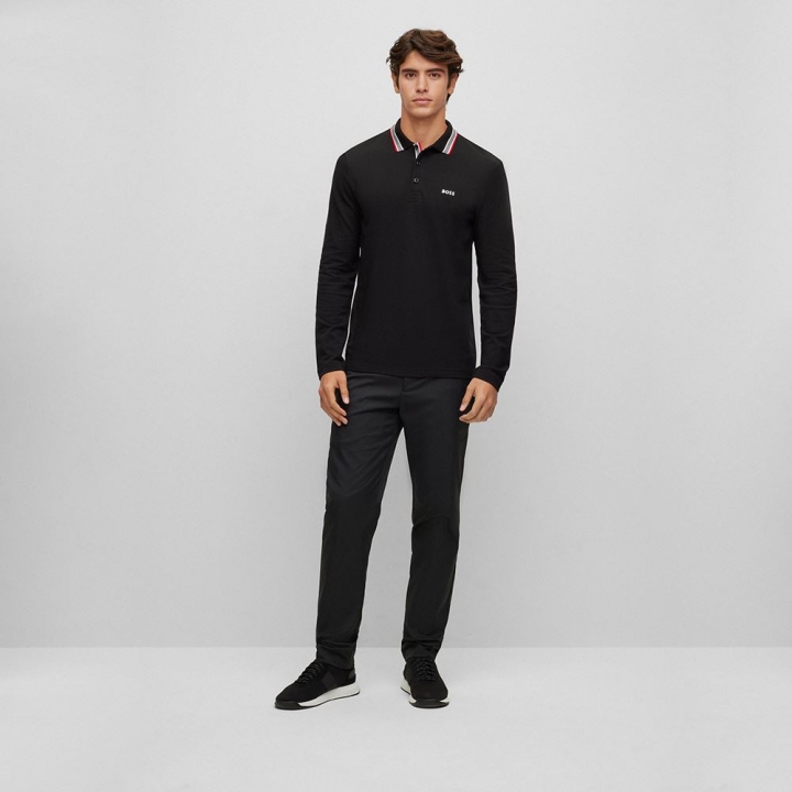 BOSS COTTON-PIQU? POLO SHIRT WITH COLLAR DETAILINGBOSS 領口LOGO條紋 長袖POLO衫