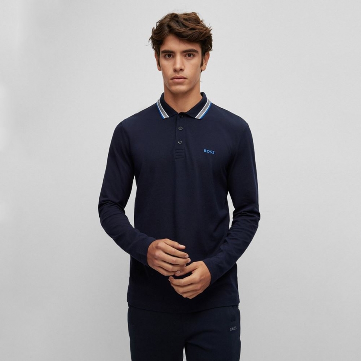 BOSS COTTON-PIQU? POLO SHIRT WITH COLLAR DETAILINGBOSS 領口LOGO條紋 長袖POLO衫