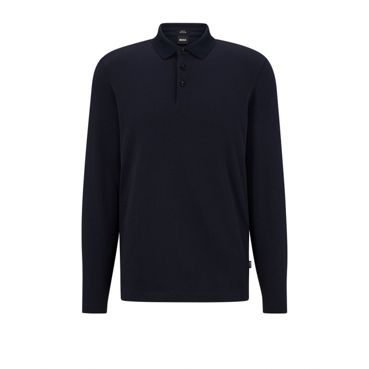 BOSS MERCERISED-COTTON SLIM-FIT POLO SHIRT WITH WAFFLE STRUCTUREBOSS 華夫格素色長POLO衫