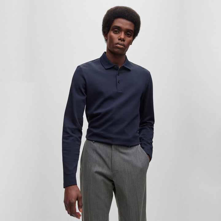 BOSS MERCERISED-COTTON SLIM-FIT POLO SHIRT WITH WAFFLE STRUCTUREBOSS 華夫格素色長POLO衫