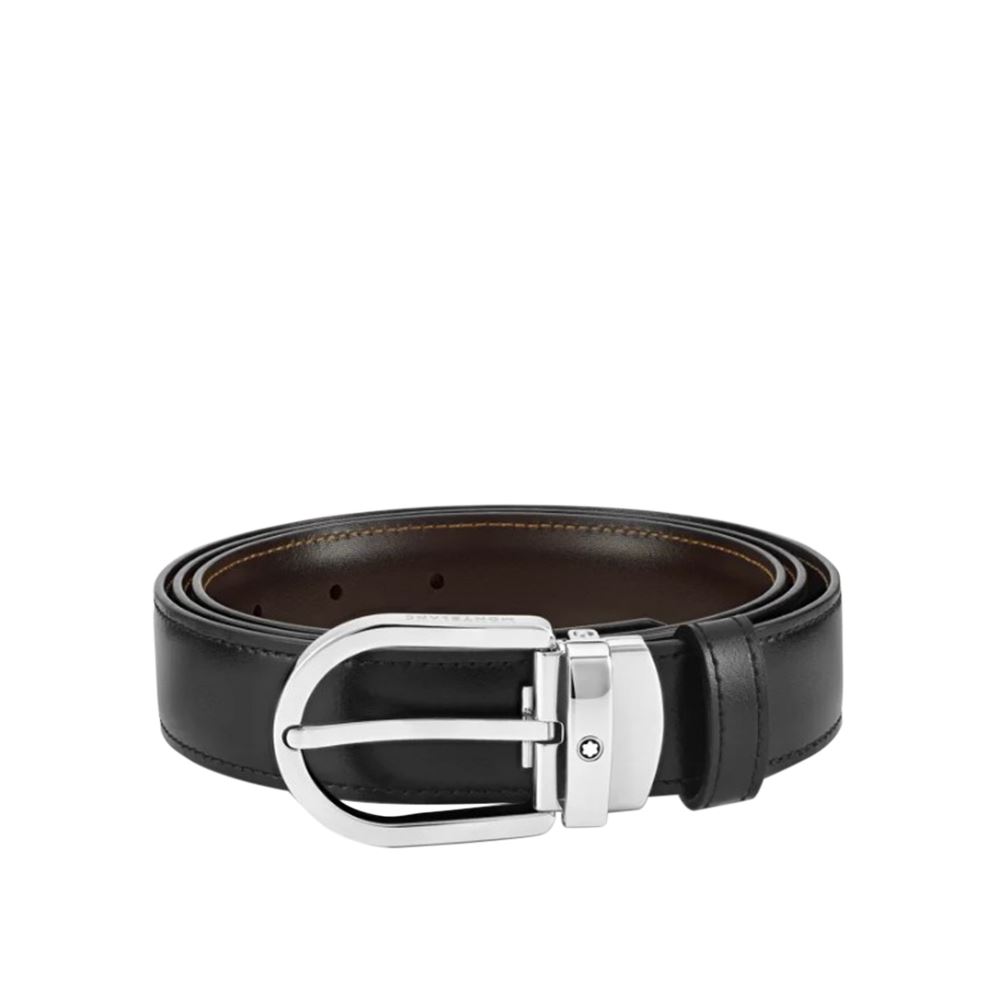 Montblanc 萬寶龍黑色馬蹄扣拋光牛皮黑色/棕色皮帶30MM