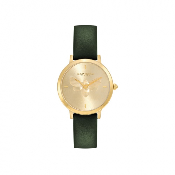 Bee Ultra Slim Gold & Green Leather Strap WatchOlivia Burton 3D蜜蜂金面墨綠皮革女錶