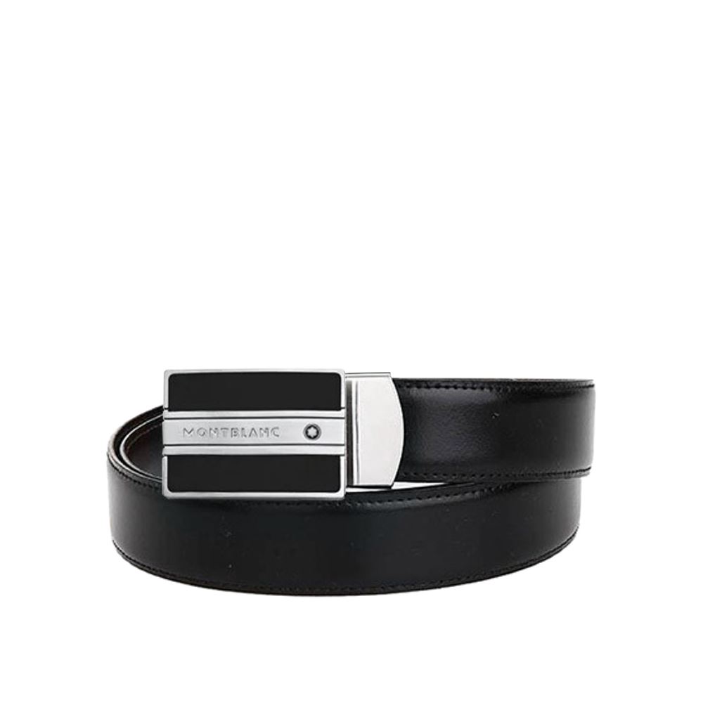 Montblanc 萬寶龍黑色矩形扣啞光牛皮黑棕皮帶30MM