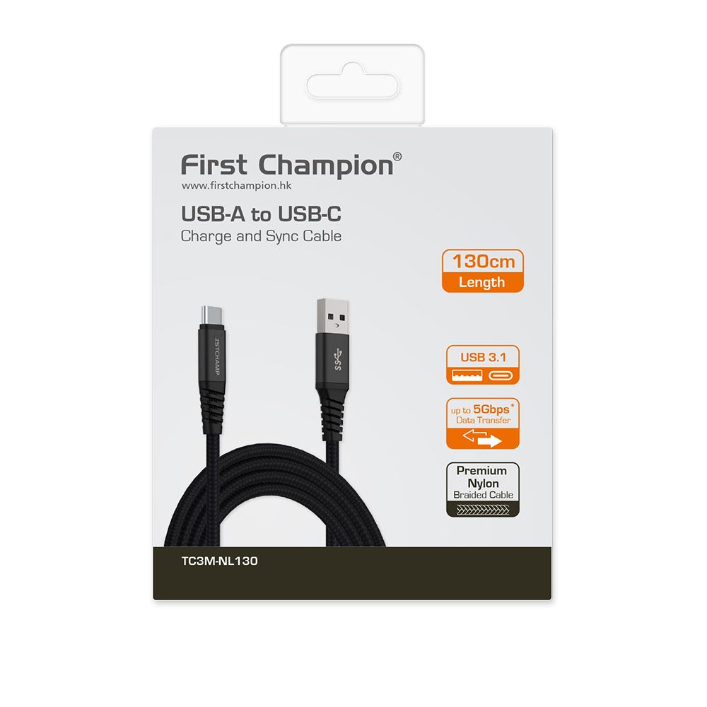 First Champion First Champion USB 3 1 Type C 充電傳輸線 尼龍編織  1 3米-黑色