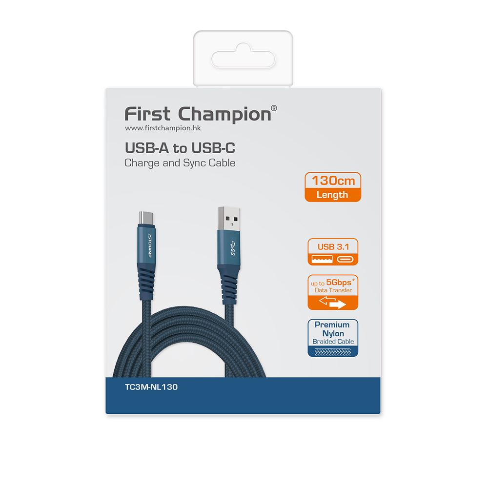 First Champion First Champion USB 3.1 Type C 充電傳輸線(尼龍編織) 1.3米-藍色