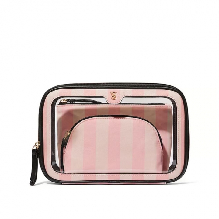 SP24_ICONIC_NSTD_TRIOPINK STRIPEDVictoria s Secret 2024維密大秀系列 Logo透明化妝包 3件套