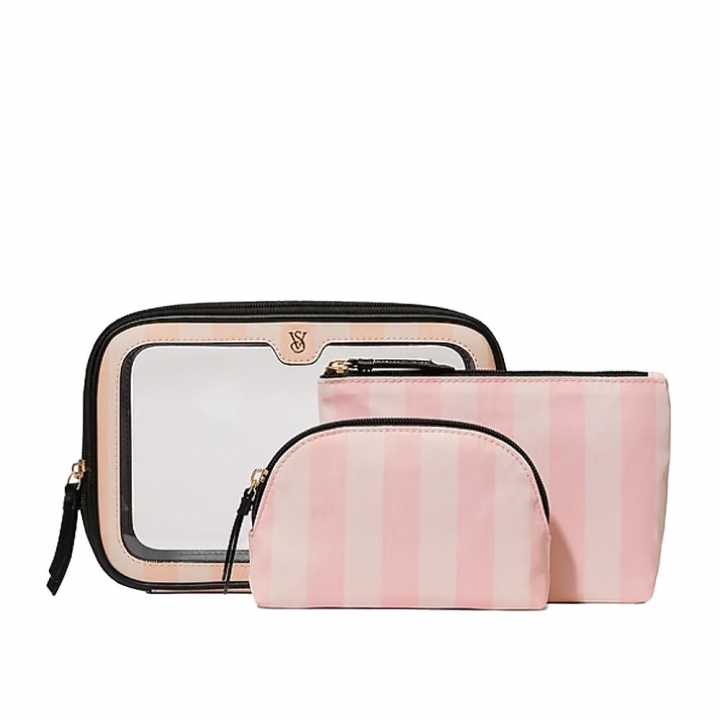 SP24_ICONIC_NSTD_TRIOPINK STRIPEDVictoria s Secret 2024維密大秀系列 Logo透明化妝包 3件套