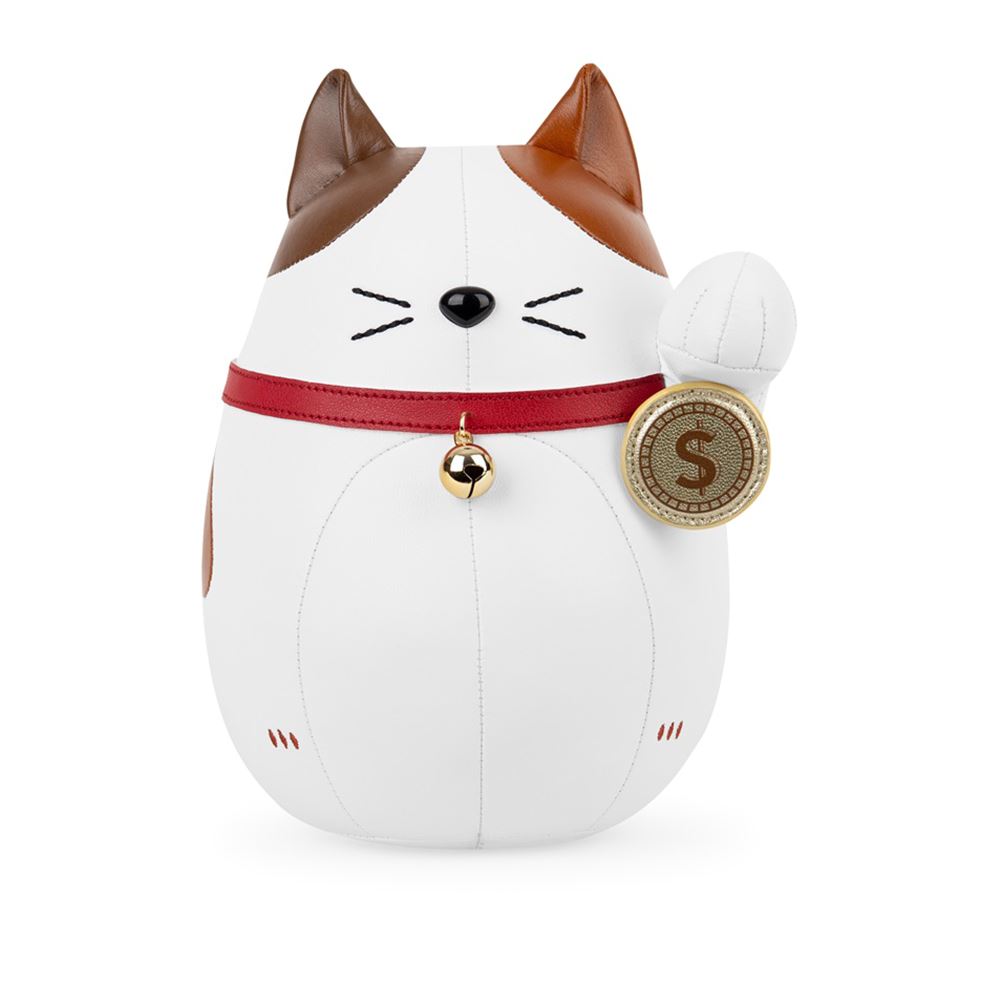 Zuny Zuny 葛洛伯時｜招財貓 Lucky Cat-Fu 皮革動物書檔擺飾 白棕富貓