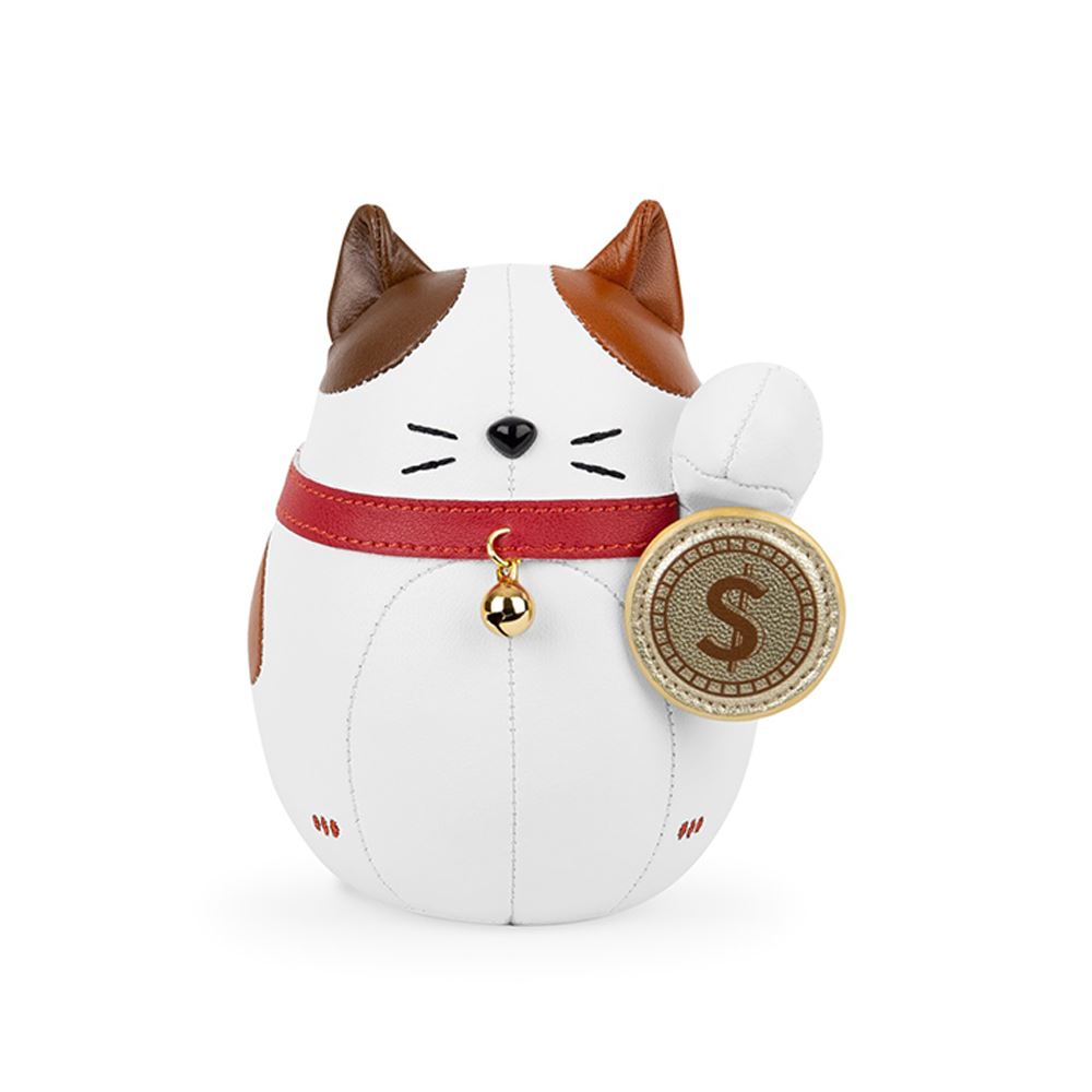 Zuny Zuny 葛洛伯時｜招財貓 Lucky Cat-Fu 皮革動物紙鎮擺飾 白棕富貓