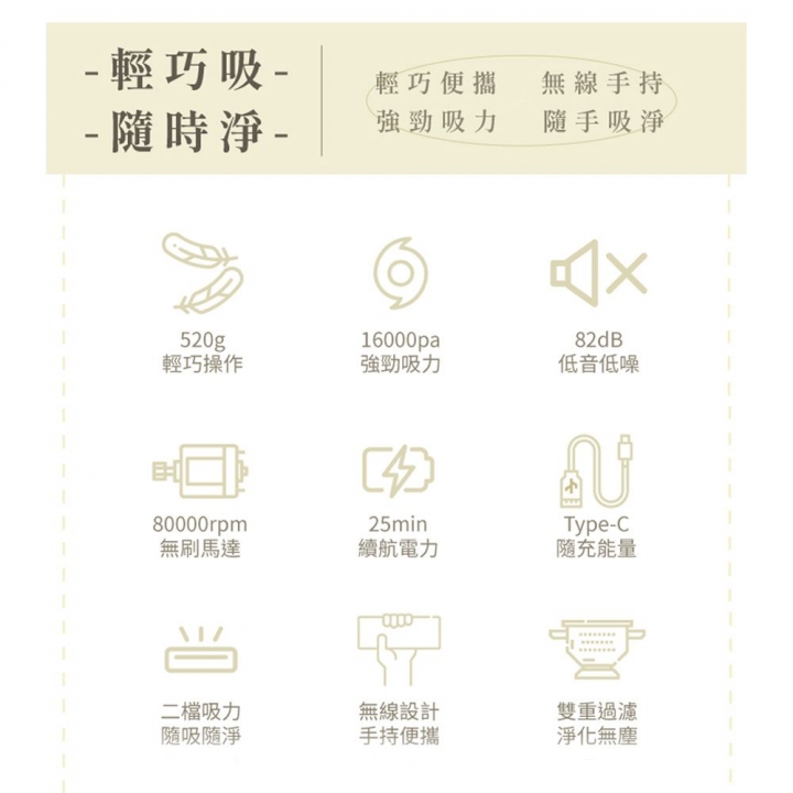 SANSUI 山水｜輕淨吸無線輕盈便攜式吸塵器(附塵蟎刷頭)套組 白