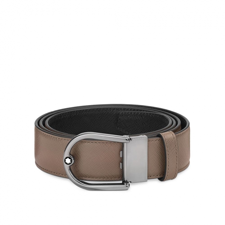 HORSESHOE BUCKLE SAFFIANO PRINTED MASTIC/BLACK 35MM REVERSIBLE LEATHER BELT馬蹄形搭扣 SAFFIANO 印花大地棕 / 黑色 35 毫米雙面皮帶