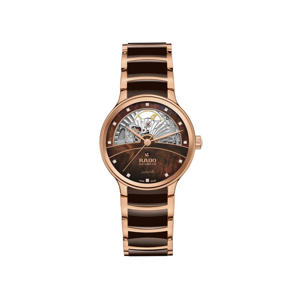 RADO Centrix 晶萃真鑽自動腕錶 巧克力陶瓷玫瑰金35MM