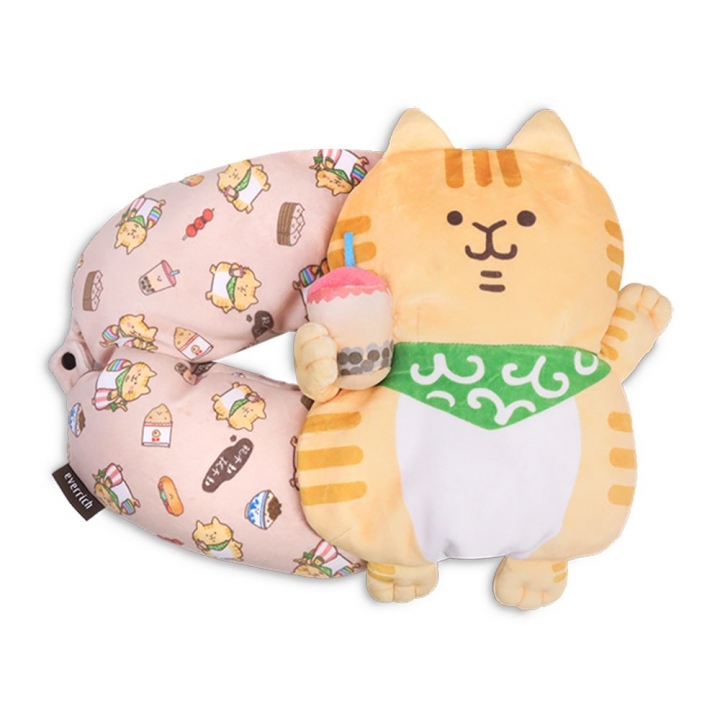 耍廢貓兩用造型頸枕-小橘貓珍珠奶茶