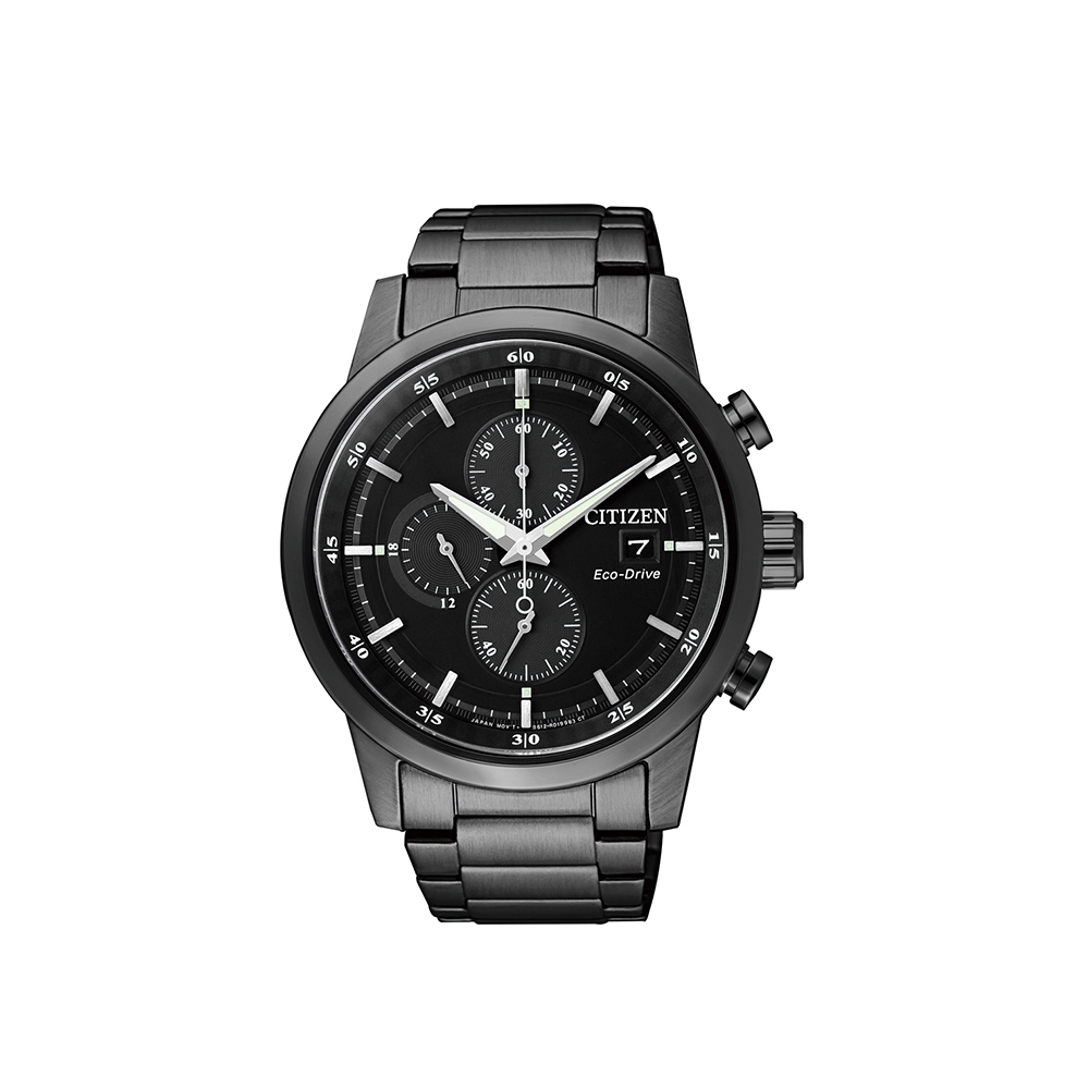 Citizen 黑時尚三眼計時不鏽鋼腕錶