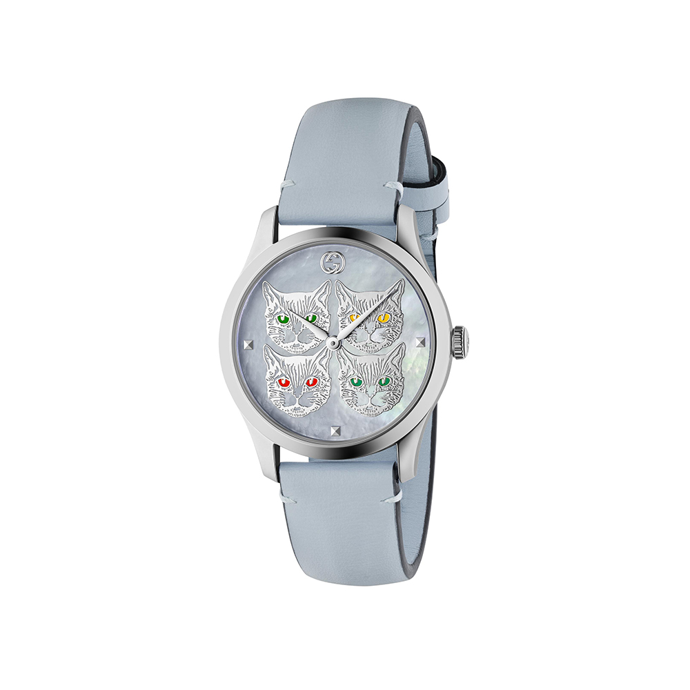 Gucci G-TIMELESS石英藍色珍珠母貝錶盤女錶