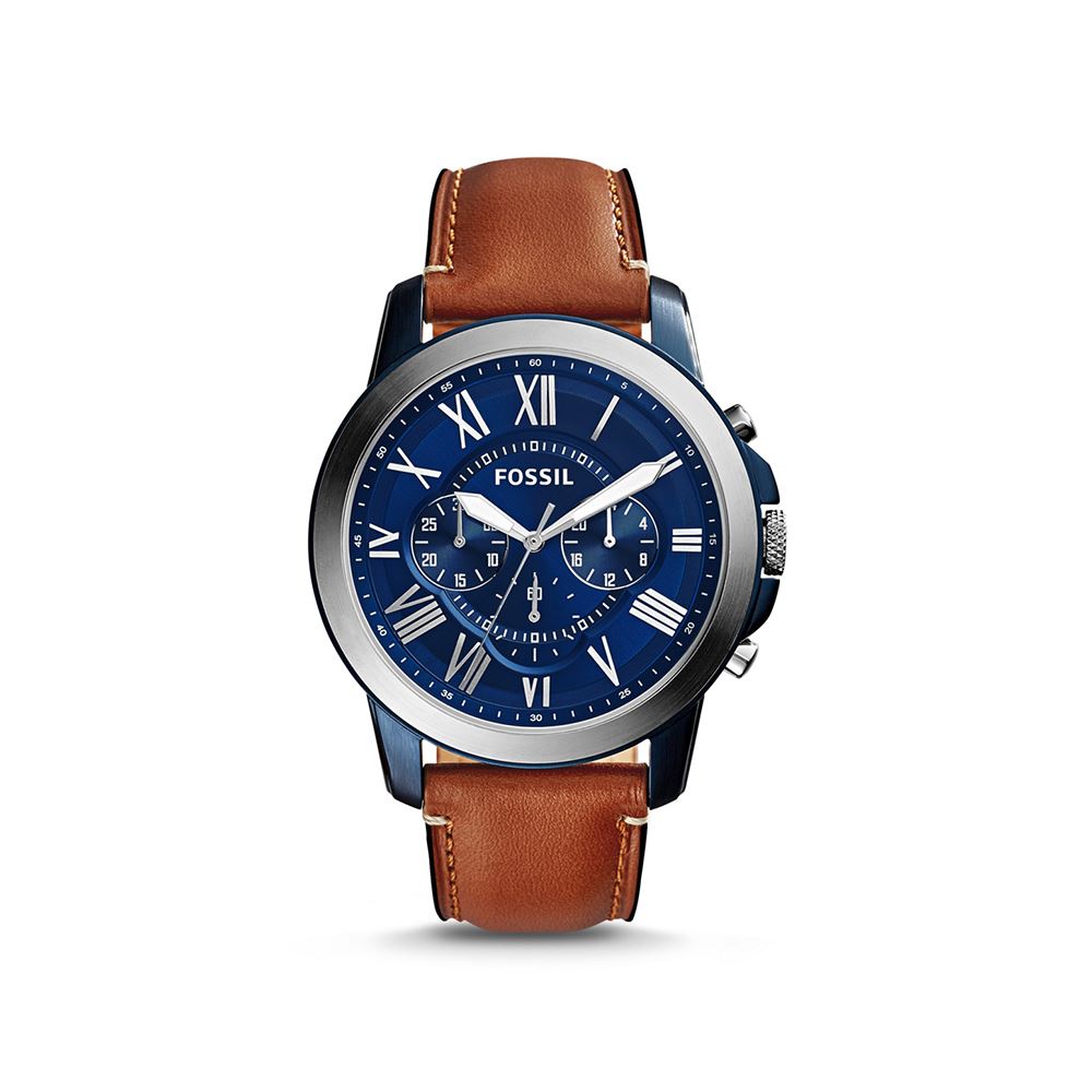 Fossil GRANT 帥氣風尚淺褐色藍色計時男錶