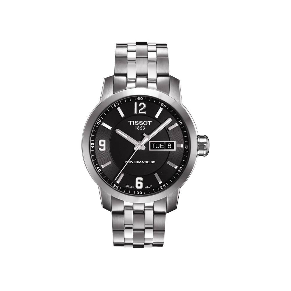 TISSOT 天梭T-SPORT系列黑面運動休閒鋼帶銀腕錶