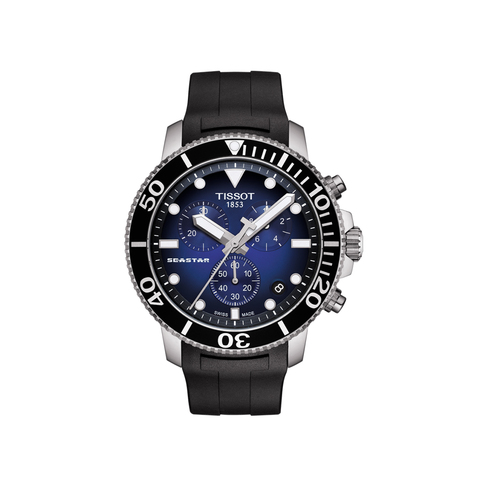 TISSOT 天梭石英計時碼表 漸層藍膠帶 腕錶